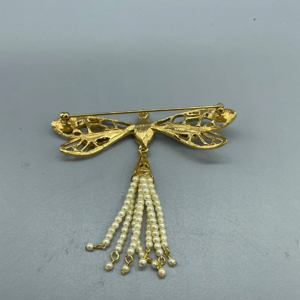Vintage Avon Gold Tone Dragonfly Brooch Pink Crystal‎ Pearl Tassel Enamel Pin